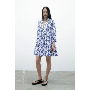 Zara XS Mini Swing Dress Blue White Printed 3/4 Sleeve V-Neck Beach Flowy